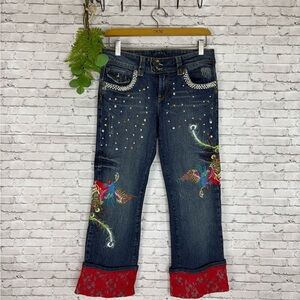 Vintage Y2K Upcycled Peacock Red Lace Cropped Cuff Jeans